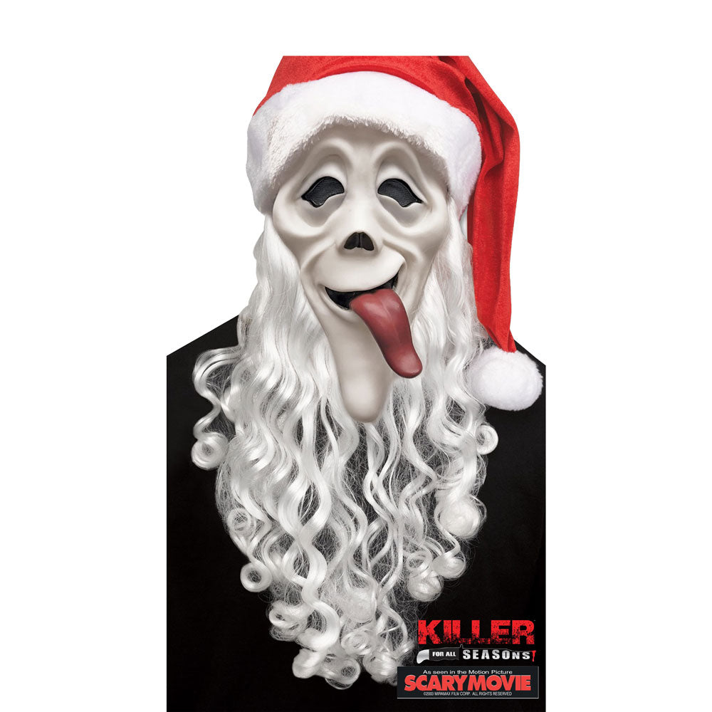 Ghost Face Halloween mask with Santa hat and long white wig on a black background