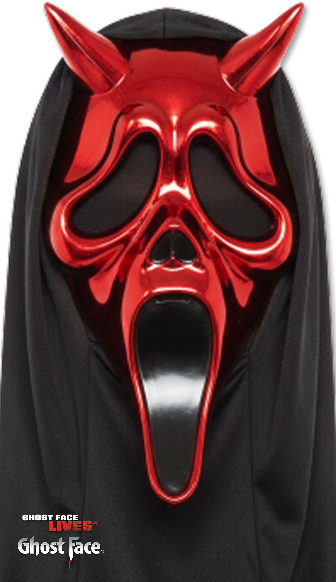 Red devil chrome Ghost Face mask with hood. Featuring the Ghost Face logo.