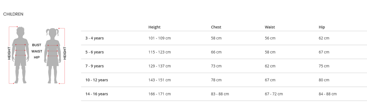 Size chart for children's clothing with height, chest, waist, and hip measurements.
