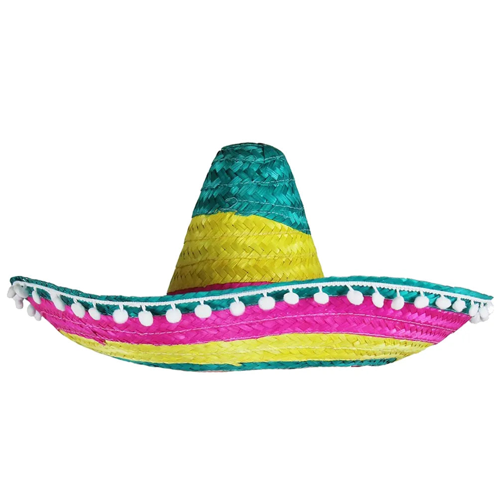 Multi Coloured Mexican Sombrero with Pom Pom Edging