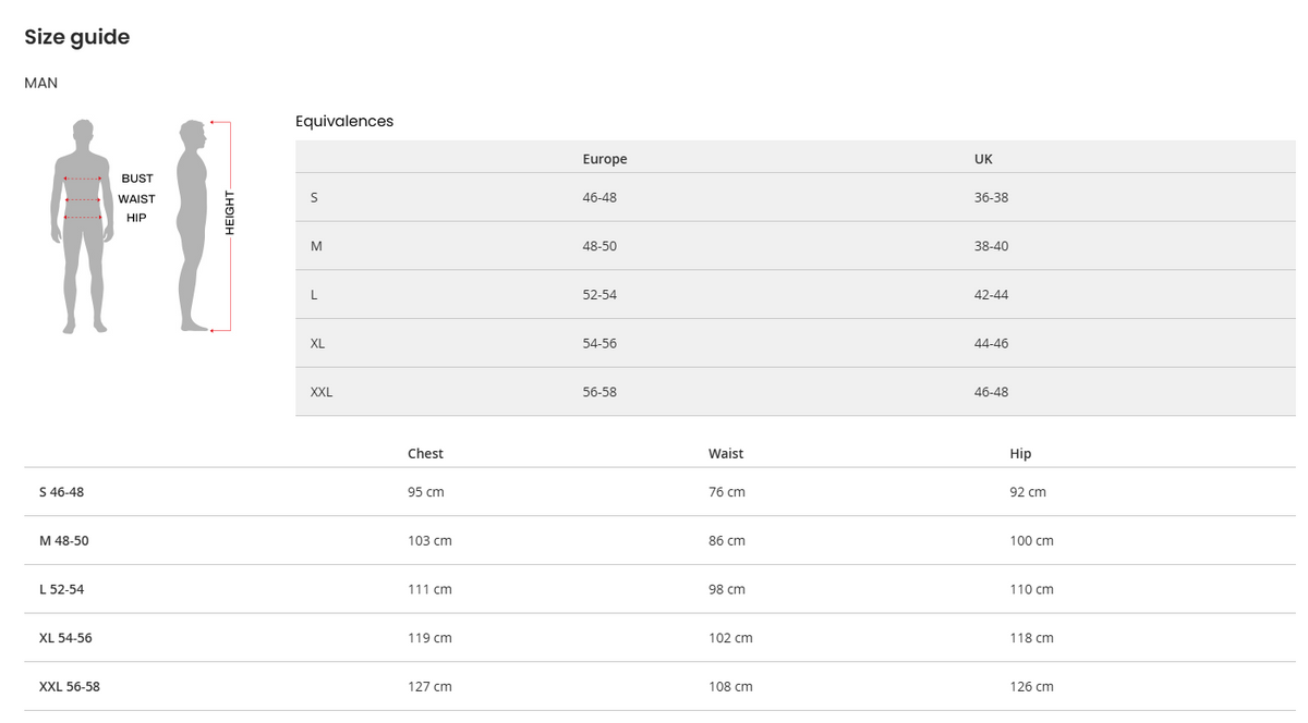 Size chart for men's clothing with height, waist, and chest measurements.