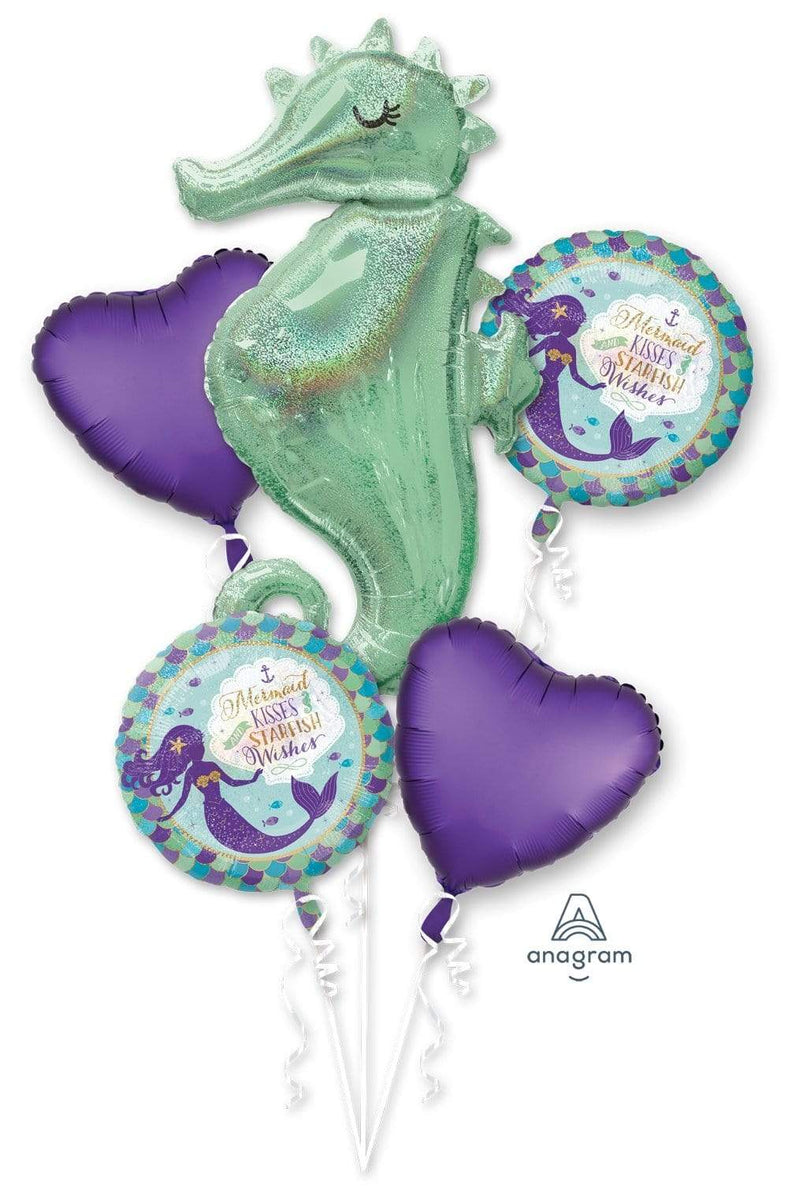 Shimmering Mermaid & Seahorse Foil Iridescent Balloon Bouquet - 5pcs