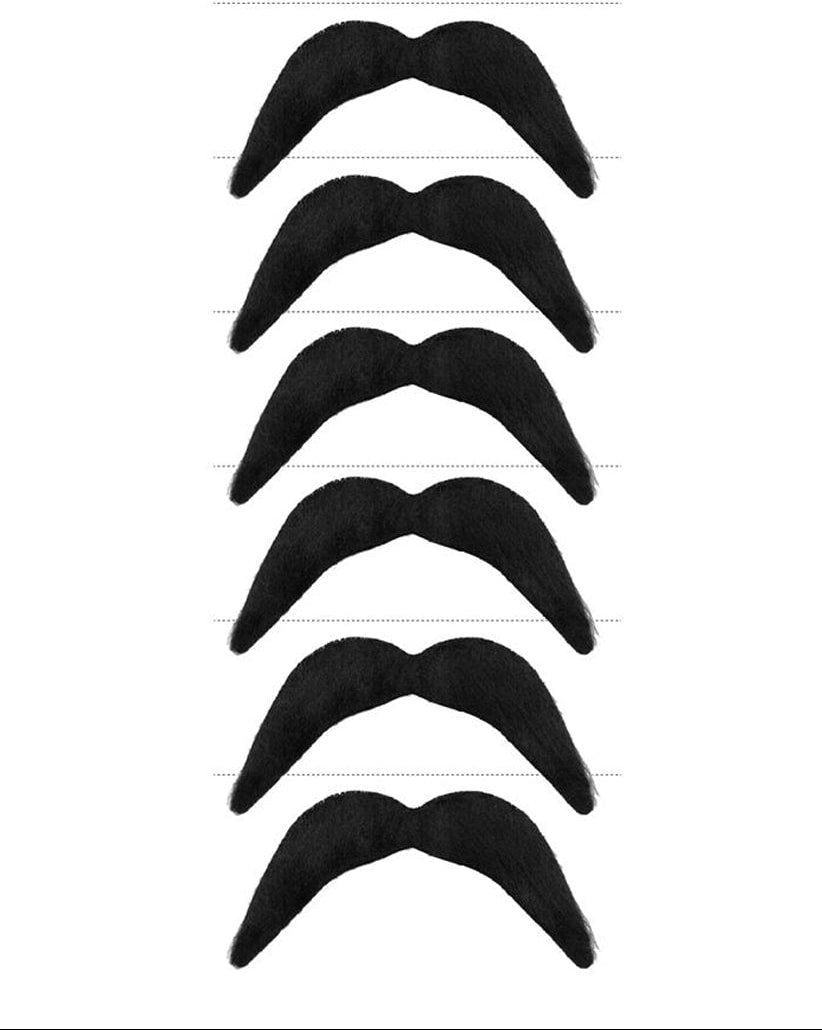 A set of black Mexican moustache costume accessories laid out on a white background, each moustache with a curved shape suitable for wearing on the upper lip.