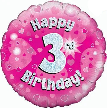 18inch Happy 3rd Birthday Pink Holographic Foil Balloon