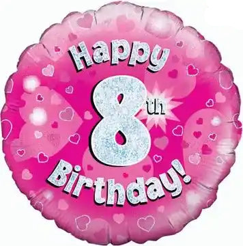 18inch Happy 8th Birthday Pink Holographic Foil Balloon