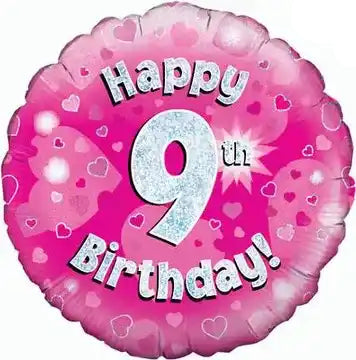 18inch Happy 9th Birthday Pink Holographic Foil Balloon