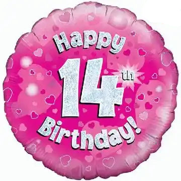 18inch Happy 14th Birthday Pink Holographic Foil Balloon