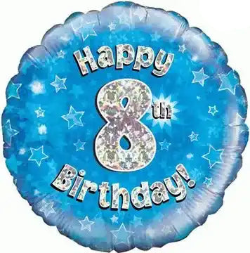 18inch Happy 8th Birthday Blue Holographic Foil Balloon