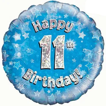 18inch Happy 11th Birthday Blue Holographic Foil Balloon