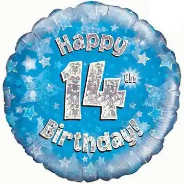 18inch Happy 14th Birthday Blue Holographic Foil Balloon