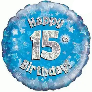 18inch Happy 15th Birthday Blue Holographic Foil Balloon