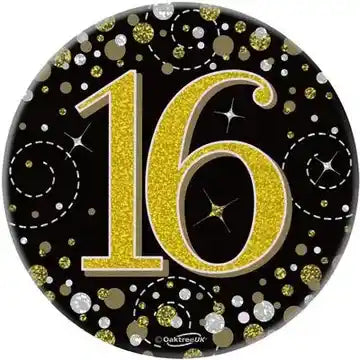 16th Black & Gold 3" Holographic Birthday Badge