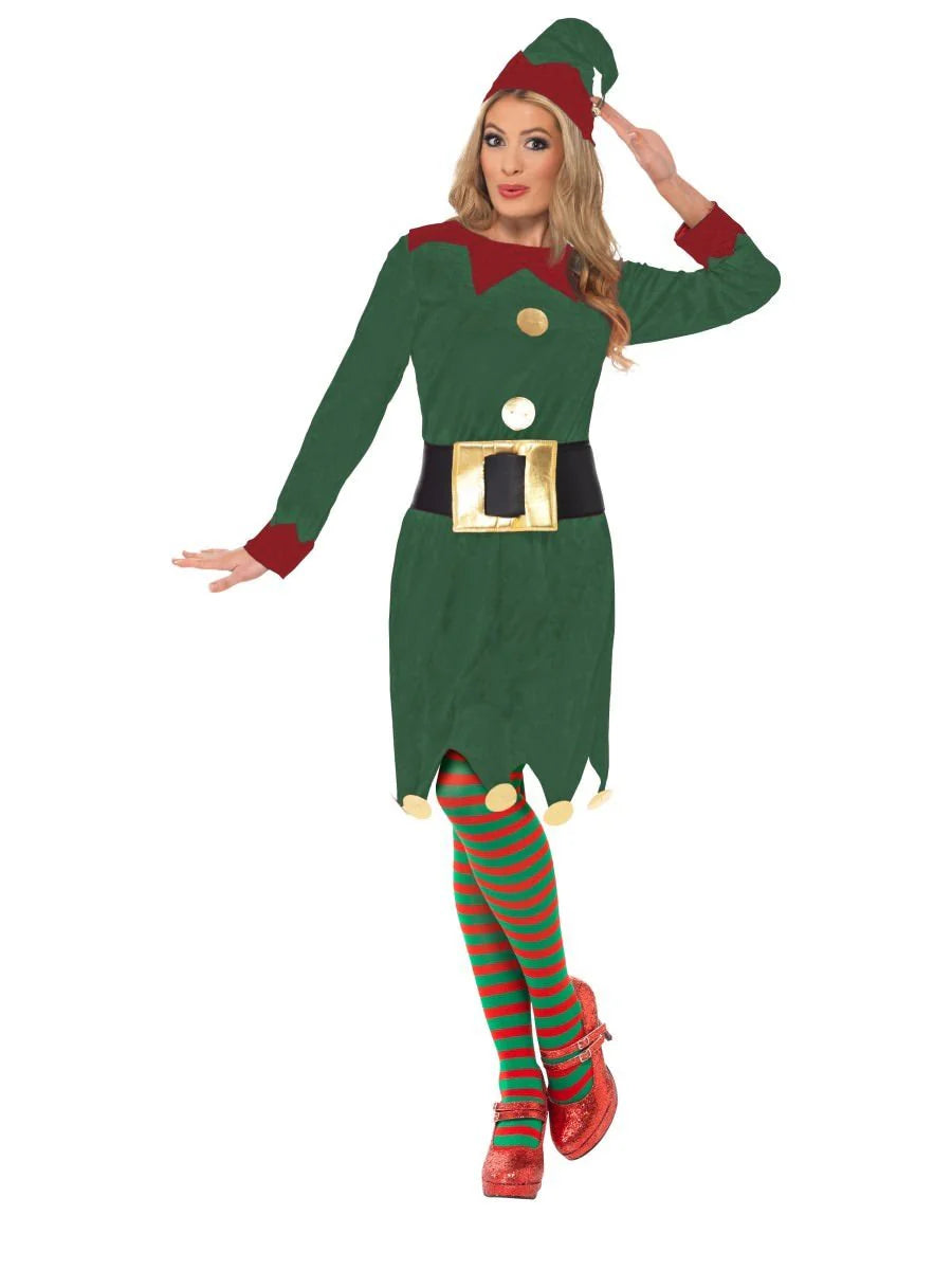 Ladies Elf Costume, Green Dress, Hat & Belt