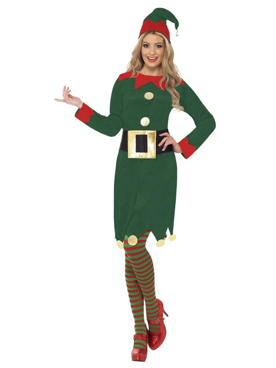 Ladies Elf Costume, Green Dress, Hat & Belt