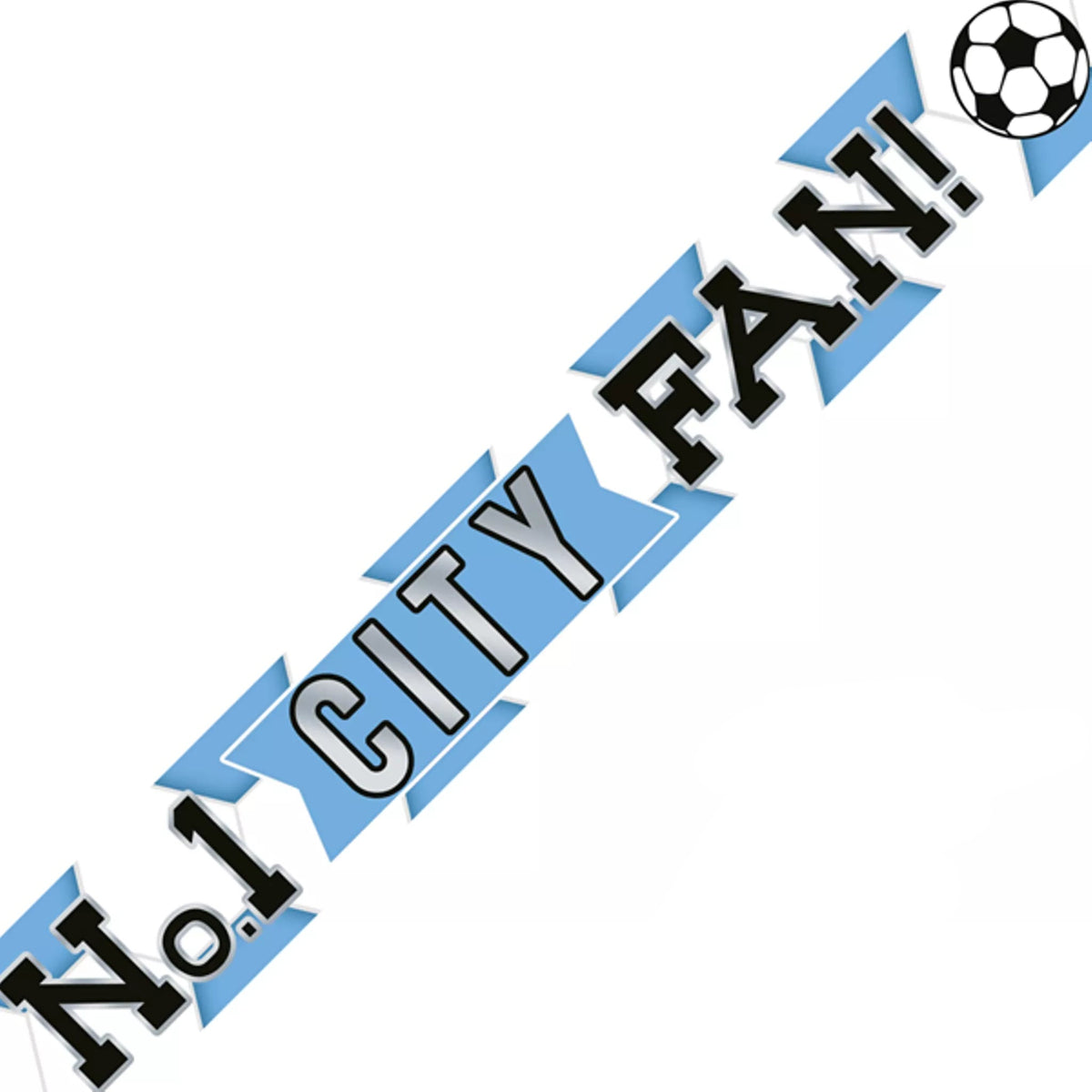 Foil banner with 'No. 1 City Fan!' text and a soccer ball icon on a white background