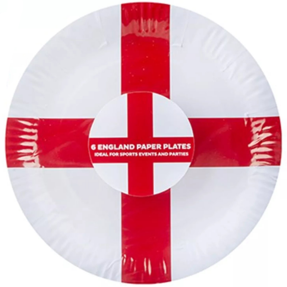 England-themed paper plates with red and white design, displayed with packaging.