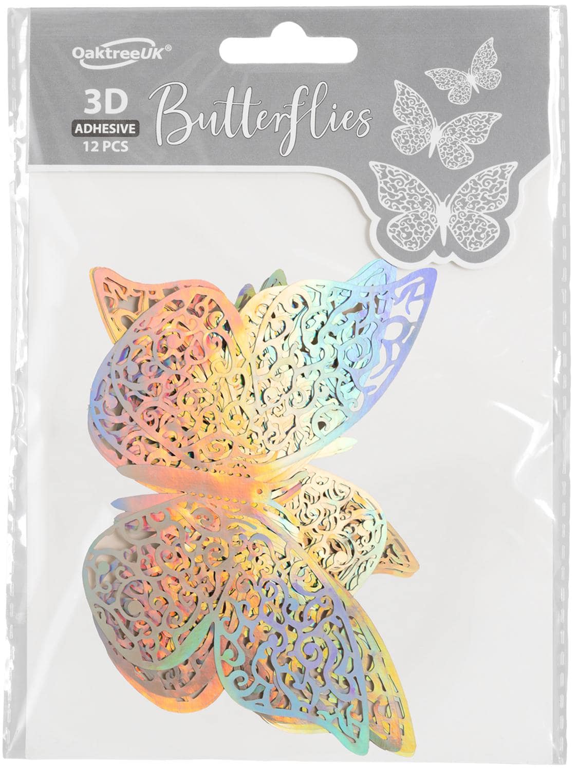 3D Adhesive Butterflies x 12 Silver Iridescent