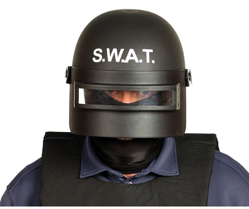 Person wearing a black S.W.A.T. helmet on a white background