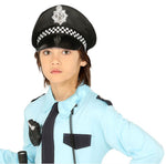 Person wearing a police costume with a hat and uniform on a white background