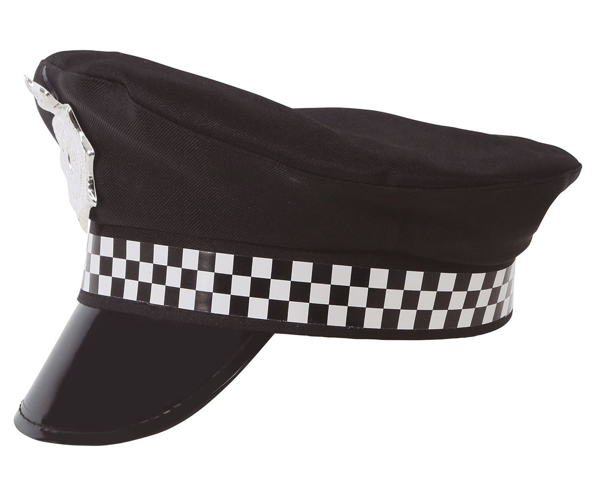 Black police hat with a checkered band on a white background