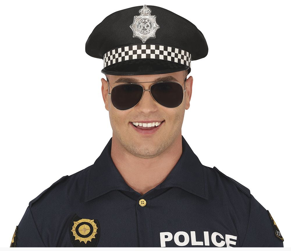A man wearing a police costume set including a black peaked cap with a black-and-white checkered band and silver badge, dark sunglasses, and a dark navy blue collared shirt with 'POLICE' text and a gold badge, against a plain white background.