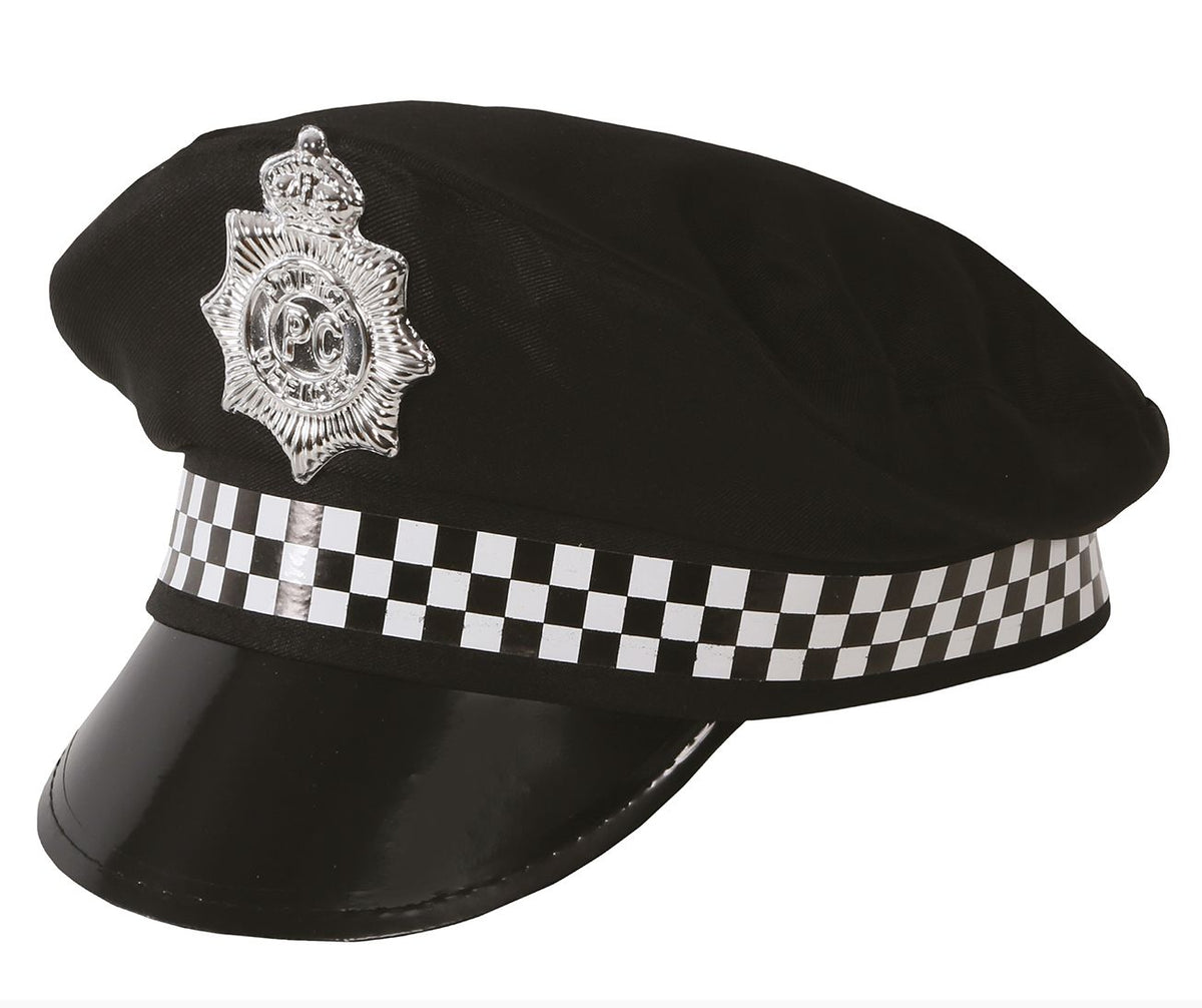 A black police-style cap with a shiny black visor, a black-and-white checkered band around the crown, and a silver badge on the front, shown on a white background.