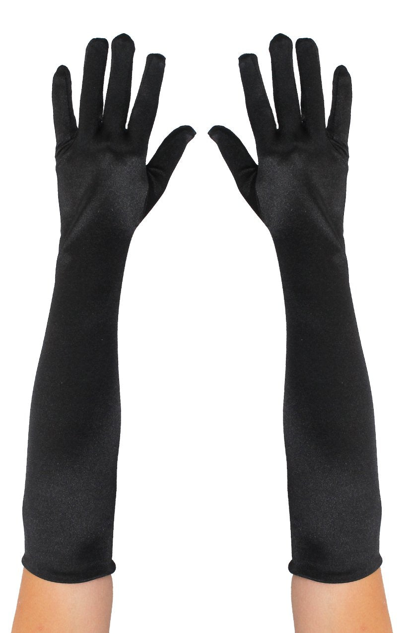 Adults Long Black Satin Spandex Gloves