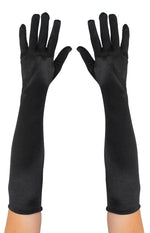 Adults Long Black Satin Spandex Gloves