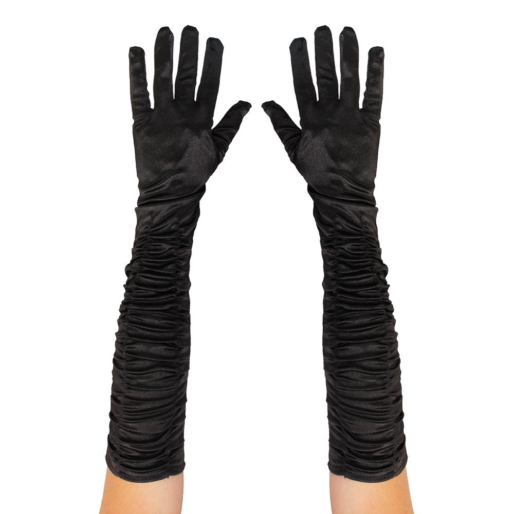 Adults Long Black Ruched Gloves