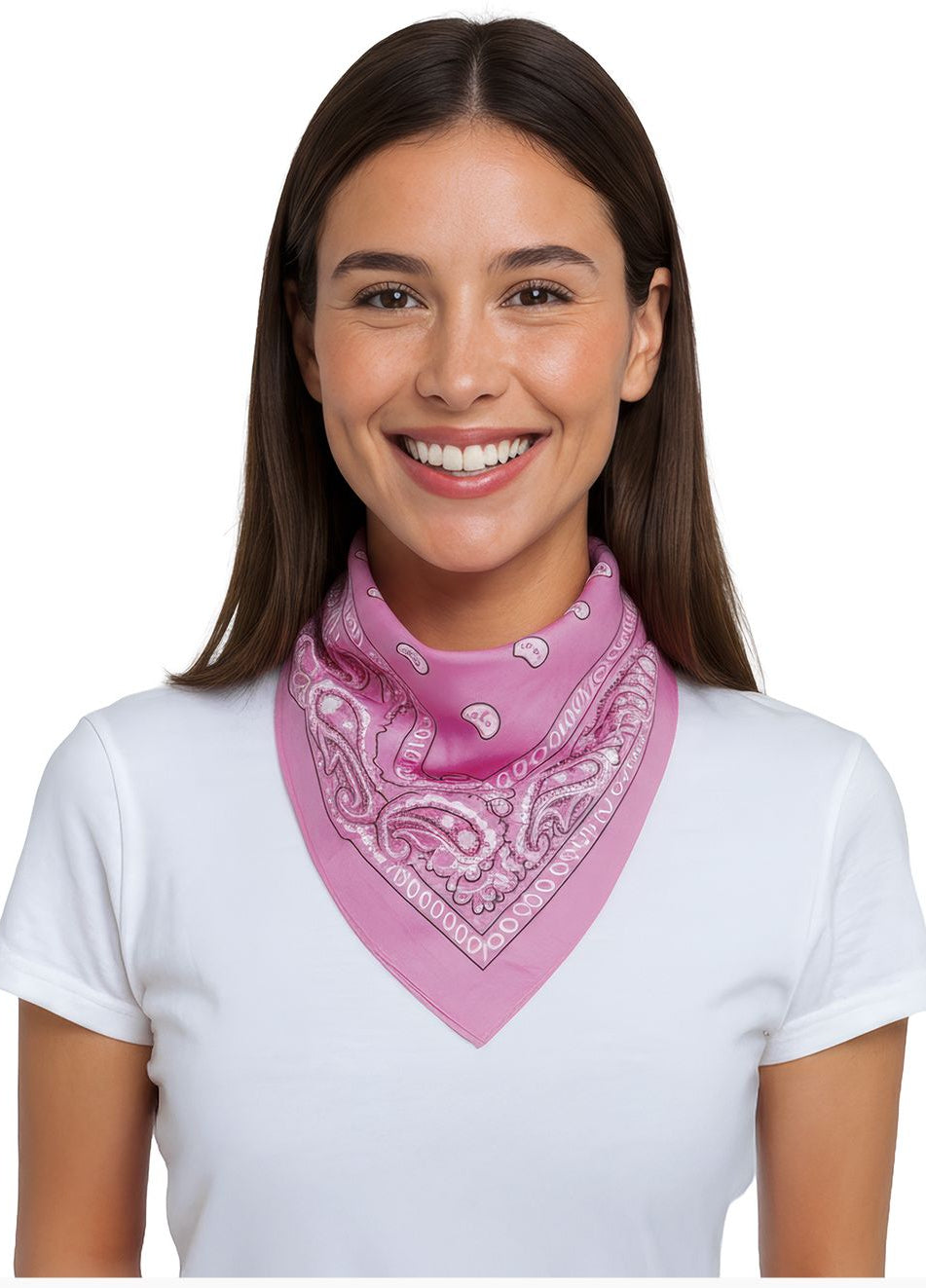Woman wearing a pink bandana with white patterns on a white background