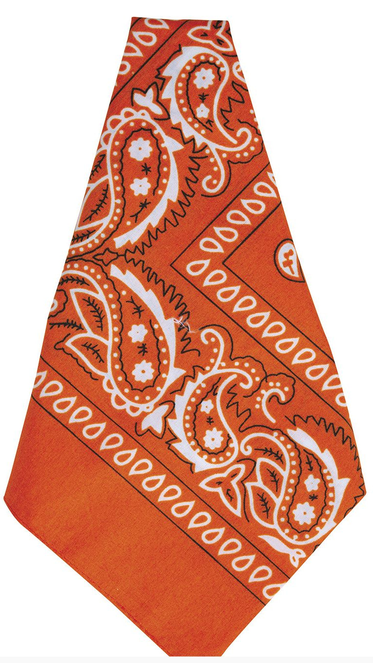 Orange bandana with white paisley patterns on a white background