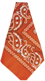 Orange bandana with white paisley patterns on a white background