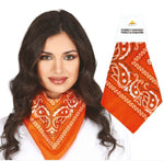 Woman wearing an orange bandana with white patterns, next to a close-up of the bandana on a white background.