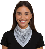 Woman wearing a black shirt with a white bandana featuring black patterns on a white background