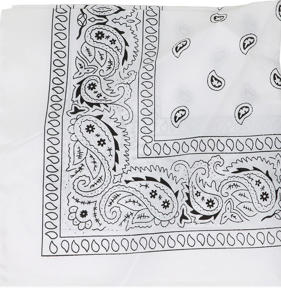 White bandana with black paisley pattern on a white background