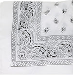 White bandana with black paisley pattern on a white background