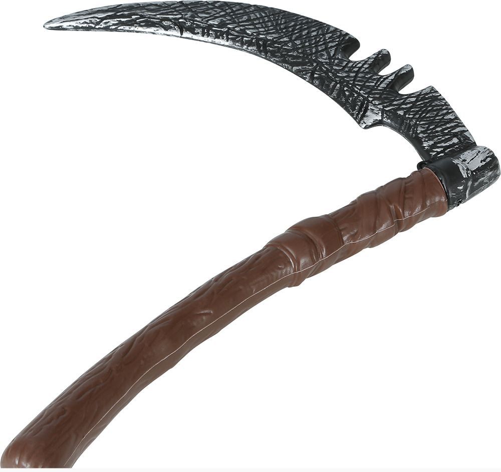 A plastic toy scythe prop with a textured dark gray blade and a brown faux-wood handle, shown against a plain white background.