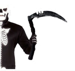 A person wearing a black Grim Reaper costume and mask, holding a large black scythe prop against a plain white background. 