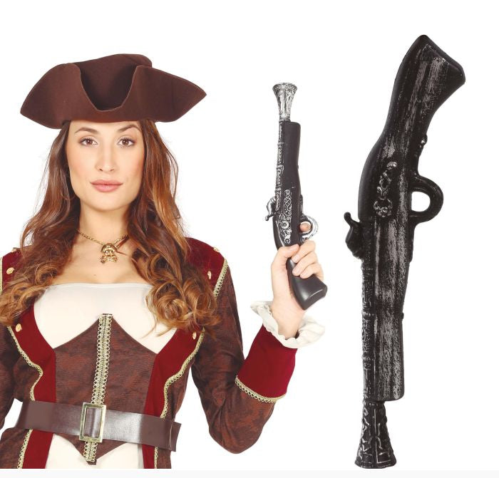 A woman wearing a pirate costume holds a toy pistol, with a larger matching toy pistol shown beside her on a white background. The costume includes a brown hat, red and white jacket with gold trim, and a brown belt.