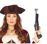 A woman wearing a pirate costume with a brown tricorne hat and a dark red-and-white dress, holding a toy flintlock pistol against a white background. 