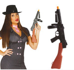 Woman in a costume holding toy guns with 'Fiestas Guirca' branding.