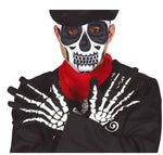 A person wearing a black Day of the Dead style costume jacket with white skeleton hand graphics, a bright red neck scarf, and a black hat, with skull face paint visible. 