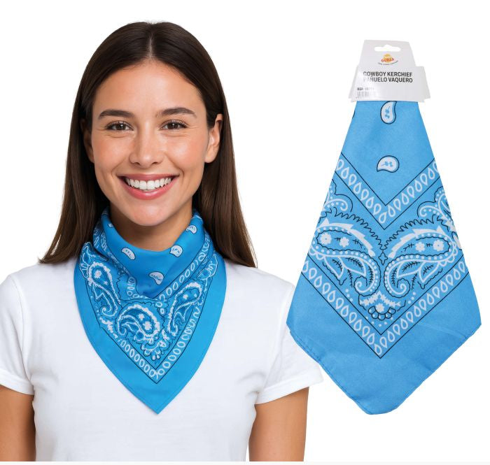 Woman wearing a blue bandana with a matching product packaging on a white background