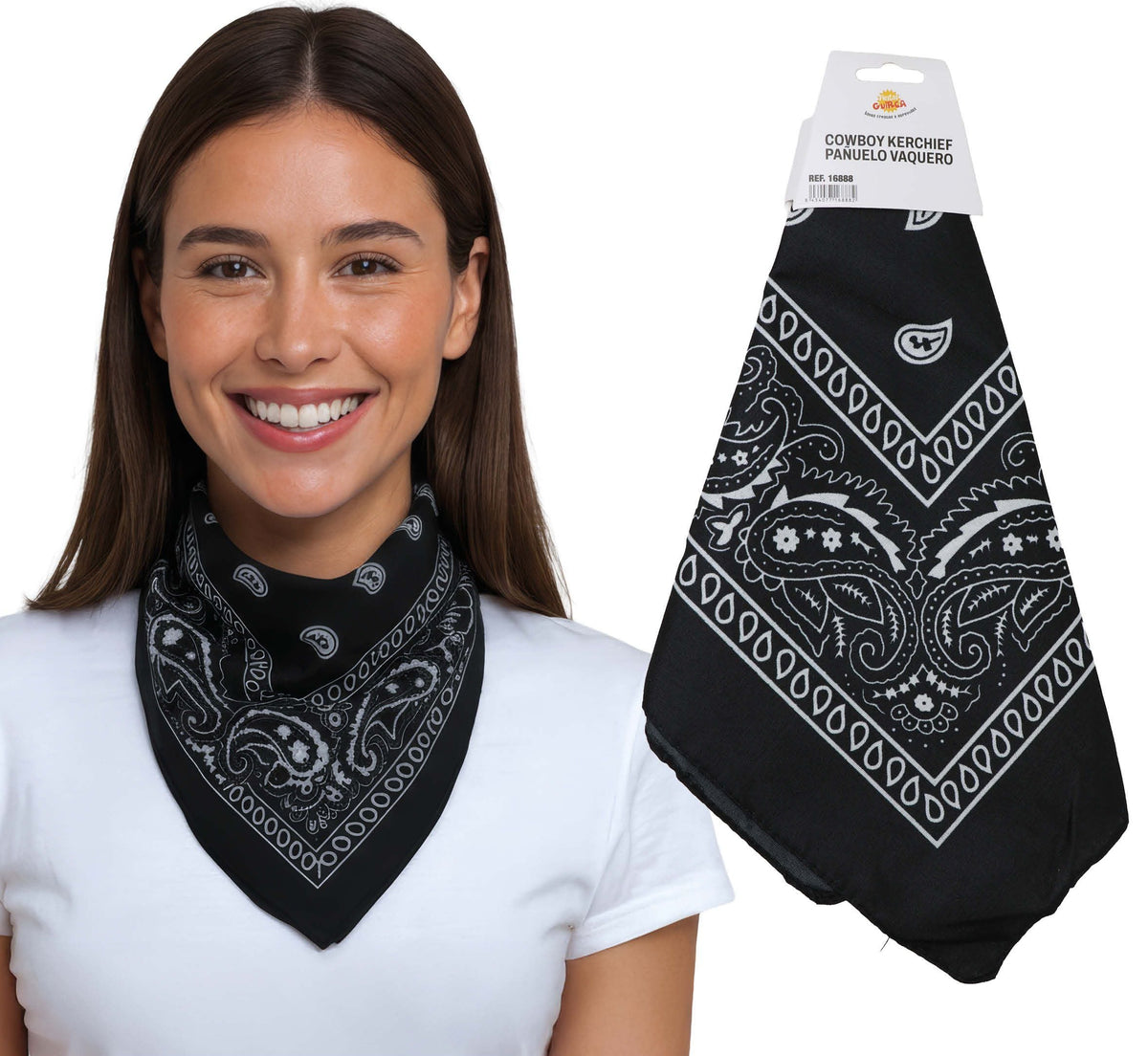 Woman wearing a black bandana with white patterns, next to a package of black bandana socks.