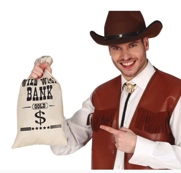 Man in cowboy costume holding a 'Wild West Bank' bag with Fiestas Guirca branding.