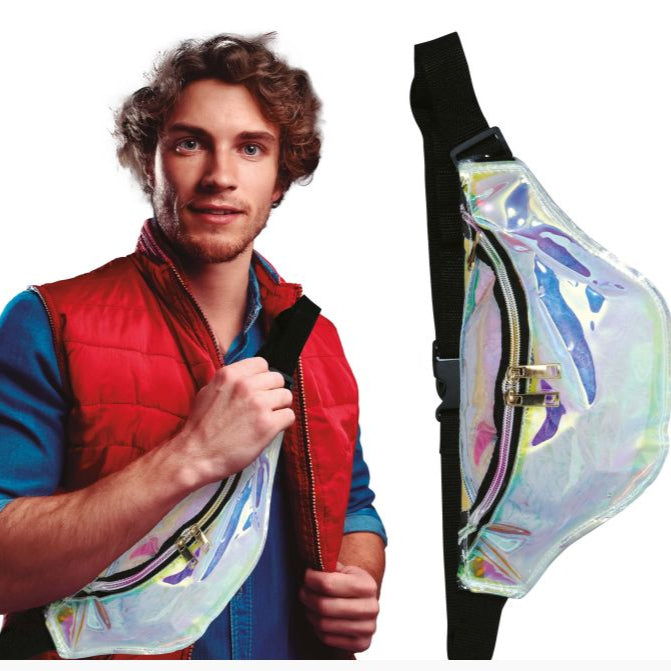 Man wearing a colorful fanny pack with a close-up of the bag on a white background