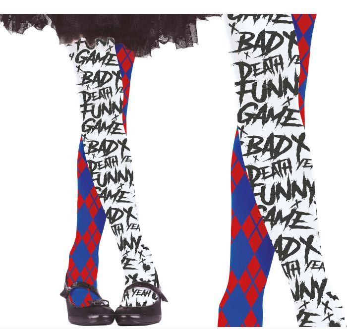 White tights with a black 'BADLY DEATH FUNNY GAME' text print and red-and-blue harlequin diamond pattern at the lower legs, shown on a model from the knees down against a white background.