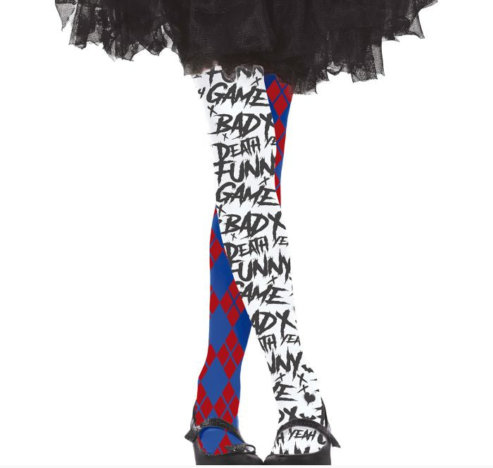 A pair of patterned tights worn on legs, featuring a black-and-white Harley Quinn style print on one leg and a red-and-blue harlequin pattern on the other, paired with a black tutu skirt and black shoes against a white background.