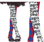 White tights with a black 'BADLY DEATH FUNNY GAME' text print and red-and-blue harlequin diamond pattern at the lower legs, shown on a model from the knees down against a white background.