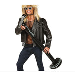 A woman modeling a rock star costume accessory set, featuring a black faux-leather jacket, a large inflatable rock microphone prop, a blonde wig, sunglasses, and a choker, against a plain white background.